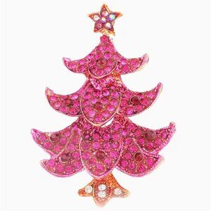 Betsey Johnson Bright Pink Christmas Tree Brooch with Crystals Gold Tone